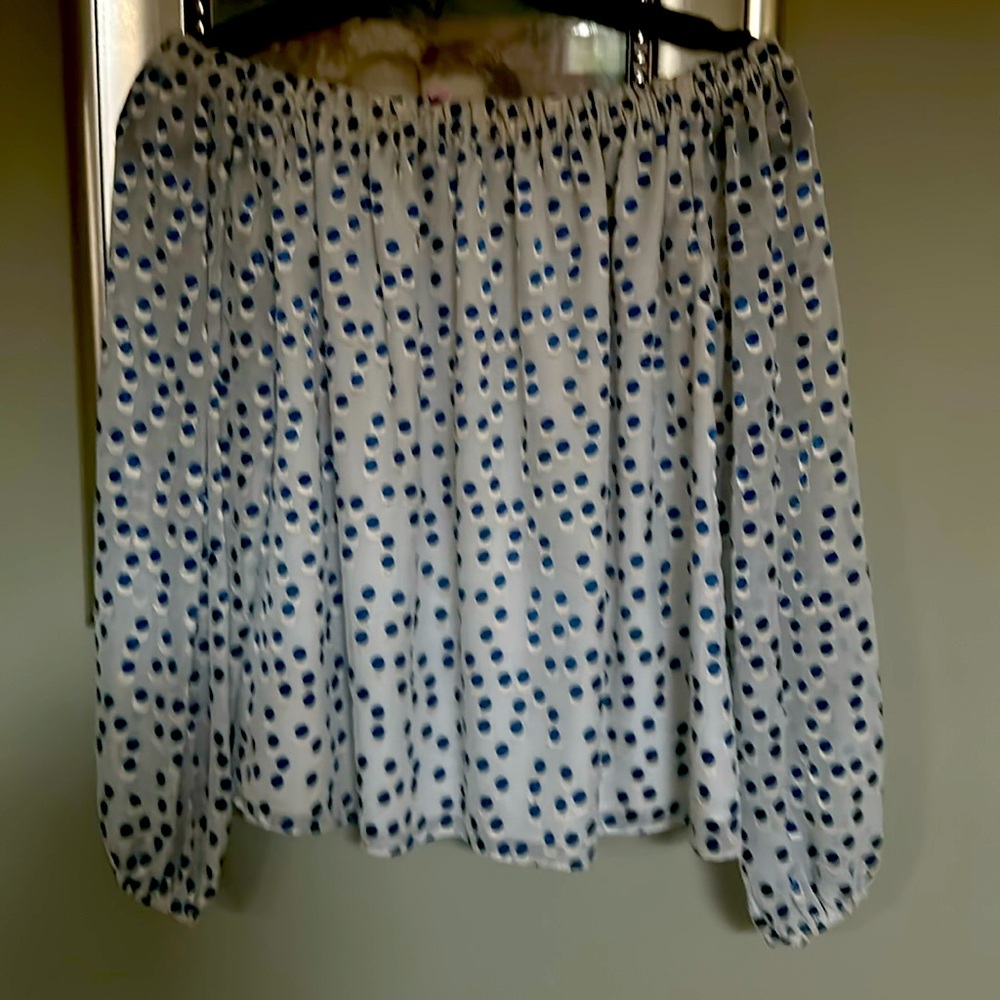 Beautiful white with navy dots blouse that you can wear on or off the shoulders